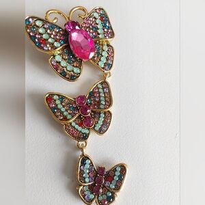 Gold Tone Triple Butterfly Brooch with Multicolor Crystals
